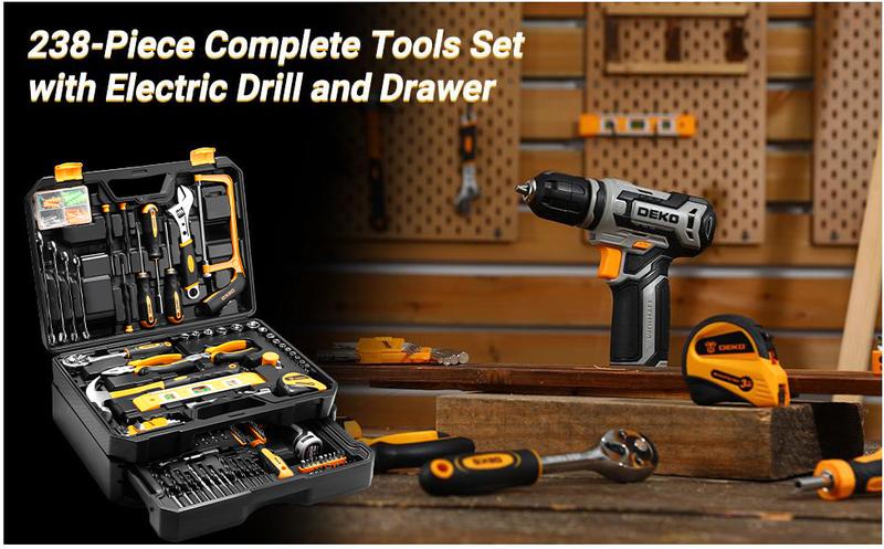 Tool Kit Box Drill Set: DEKOPRO 12V Cordless Drill and Home Mechanic Tool Set, 1.5Ah rechargeable Lithium-ion battery, 238 pcs tool kit， ALL IN ONE Toolbox with Hand Tools for Home Repairs, DIY Projects, and Mechanic Work Sturdy Drawer for Men Springtok