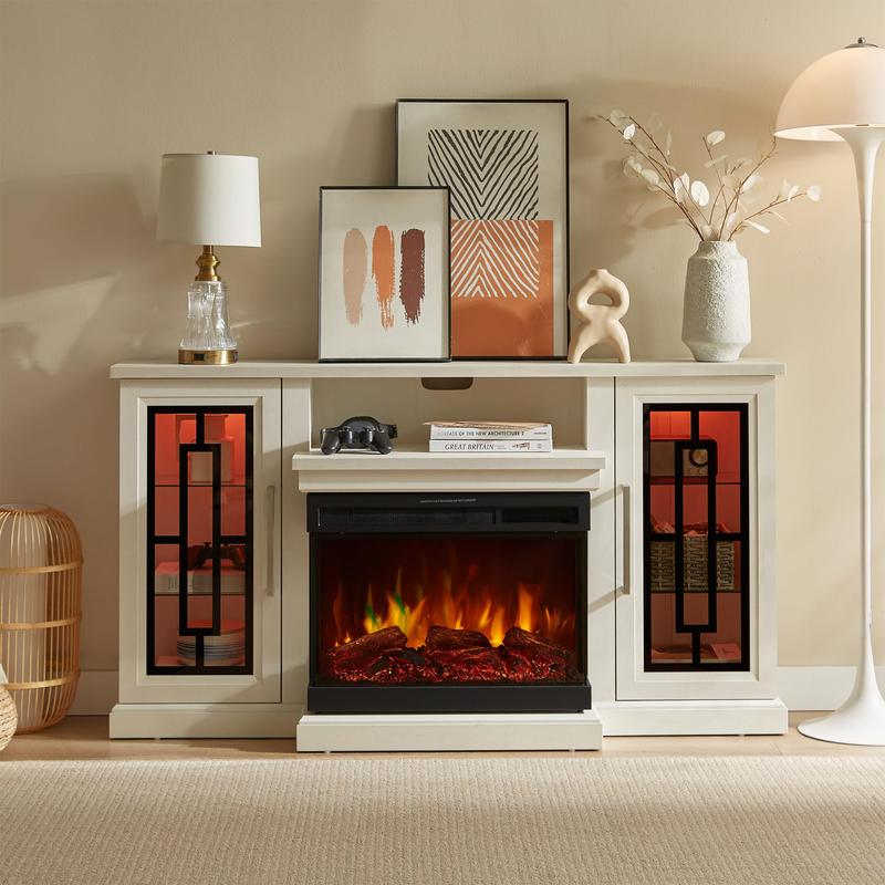 59 Inch LED TV Stand with 3-Side Glass Fireplace, Modern Media Entertainment Center Console Table for TVs up to 65 Inch with Adjustable Flame & LED Color, 24’’ Fireplace, Highboy, White