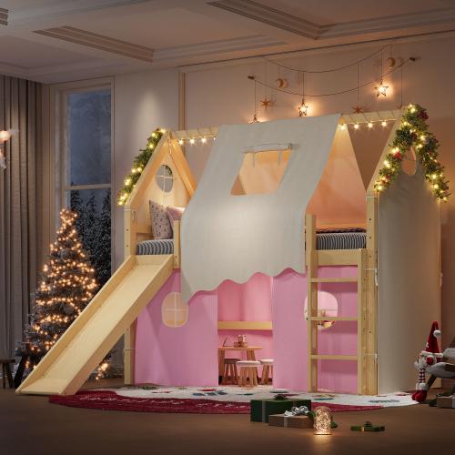 【Bellemave】Twin /FullSize House Loft Bed with Sills and Tents, Solid Wood Loft Bed with Ladders and Slide, Chic Design with Lights, No Box Spring Needed Outdoor Swing Set Swing Seat