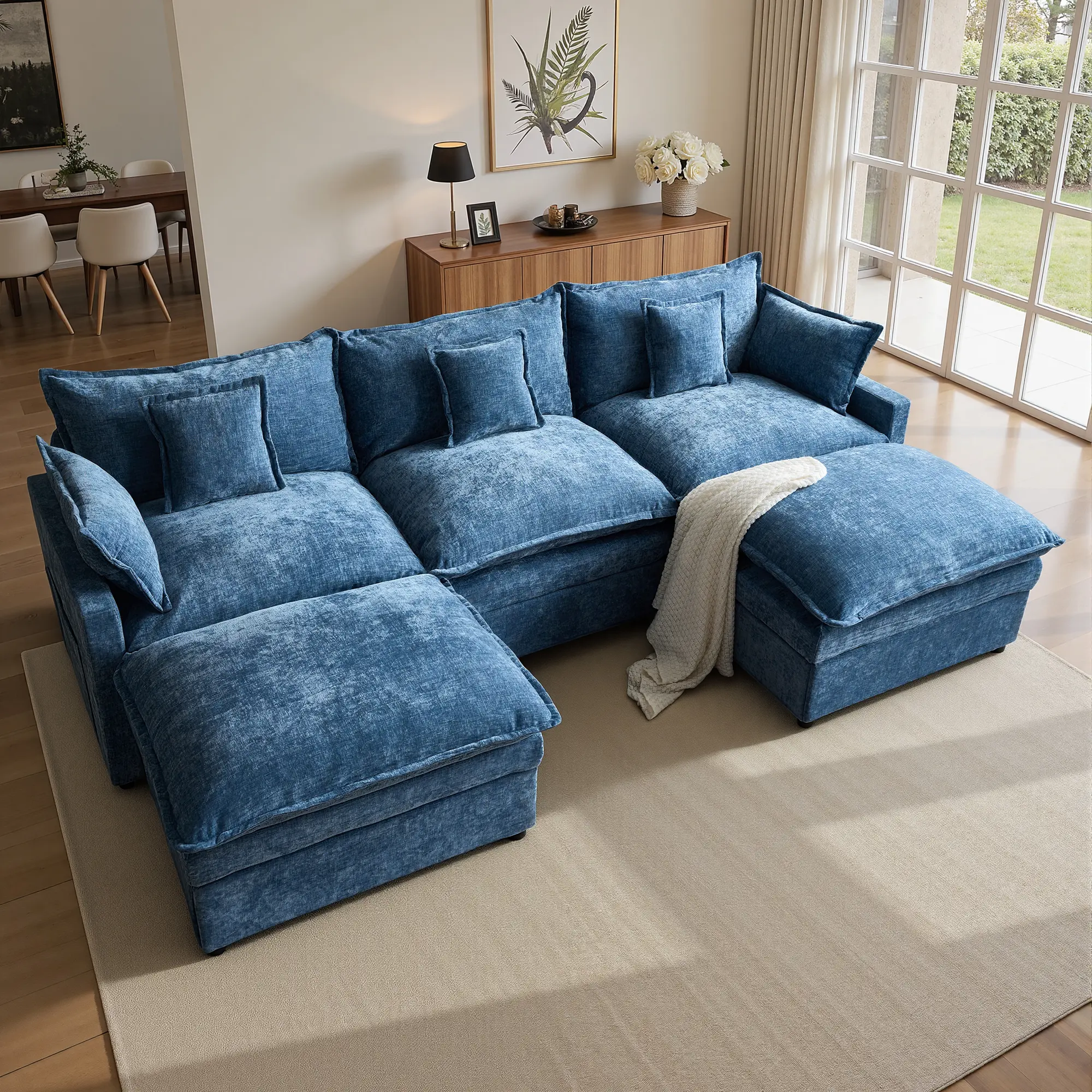 108" Light Blue Chenille U Shaped with 2 Ottoman