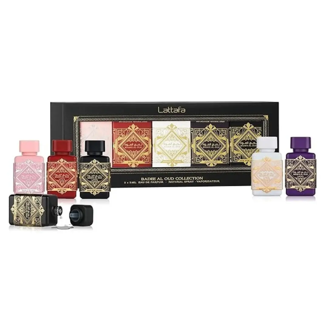 Lattafa Bade'e Al Oud Collection Mini Pre-Packed Oud Unisex Perfume Gift Set - 5×5ml Intense EDP, Earthy Woody Warm Long-Lasting Scent, Fragrance Discovery Set, Mini Toiletries for Purse, Purse Stuffers