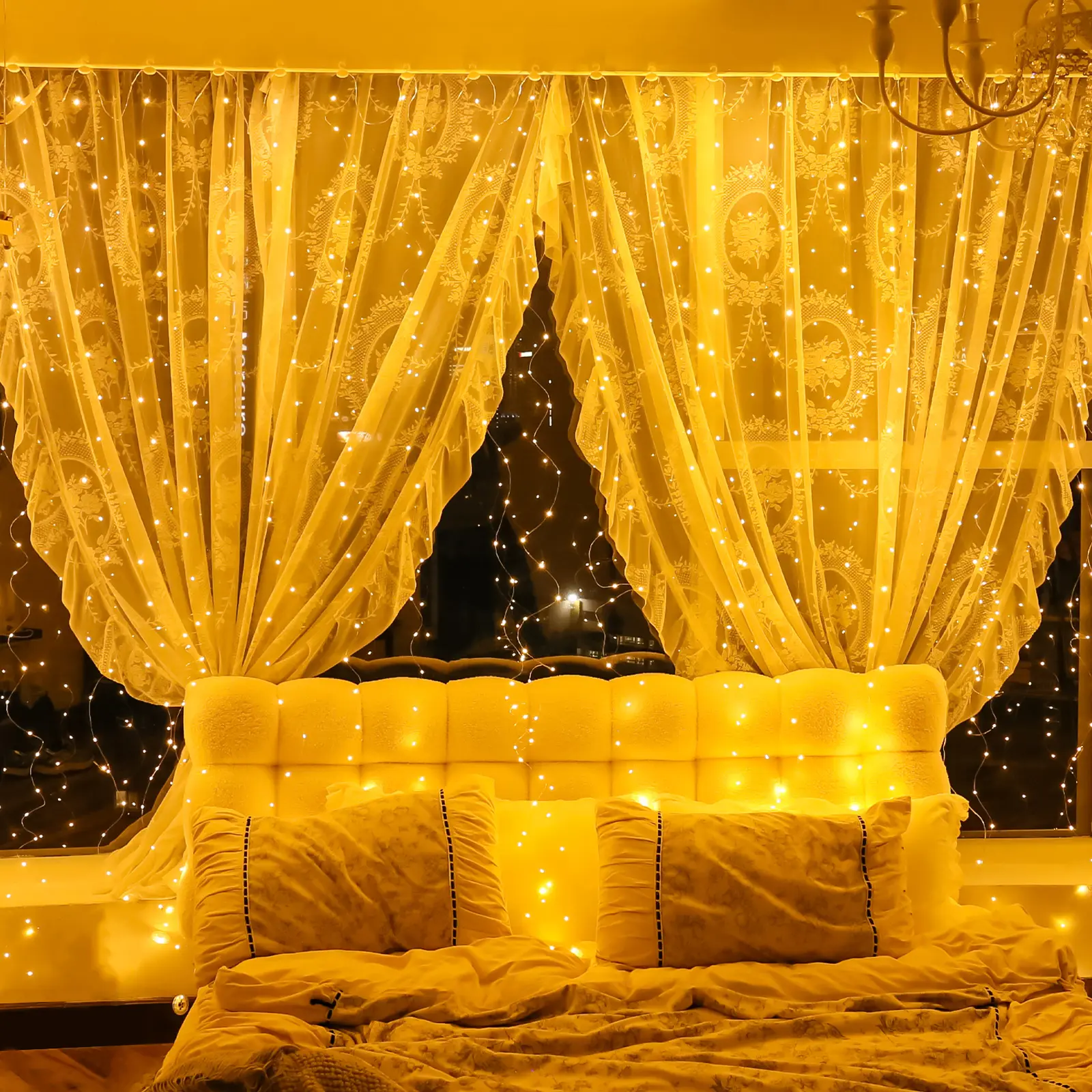 HXWEIYE Ambient Dimmable Copper Wire Fairy Curtain Lights, 9.8ft x 9.8ft Warm White USB Plug-in with DIY Timer, Remote Control, 8 Modes, Adjustable for Room & House Decor, Living Room & Whimsical Accents, Bedroom Indoor/Outdoor Lighting, Room Decor