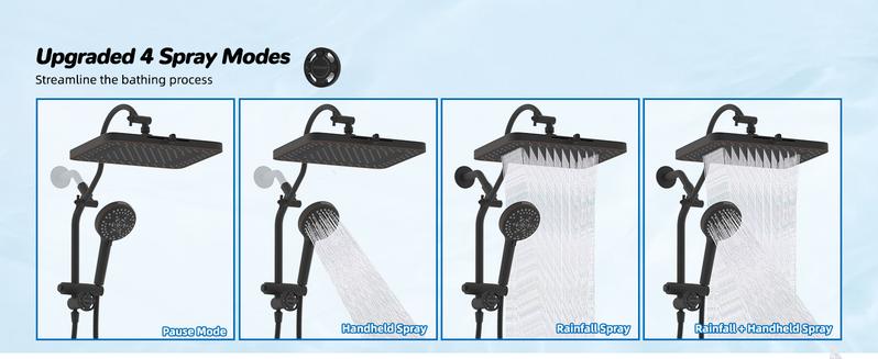 Hibbent Upgraded 13'' Shower Head Combo, High Pressure 5 Spray Rainfall Showerhead with 10 Spray Modes Handheld,All Metal Easy Reach 4-way Diverter with Pause Mode, 71'' Hose and Holder, Matte Black