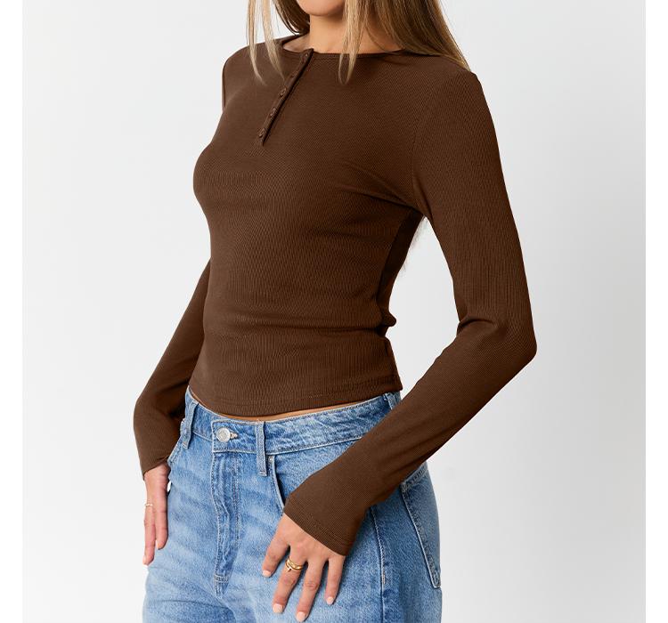 AUTOMET Women's 3 Piece Casual Long Sleeve Round Neck T-shirt for Daily Wear, Plain Button Front Ribbed Design