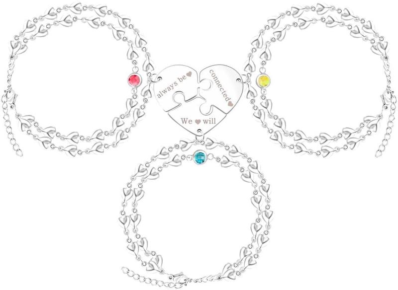 Uloveido Personalized 3 Pieces BFF Heart Puzzle Bracelets with 3 Gift Boxes – Custom Name Stainless Steel Matching Friendship Bracelets for 3 Best Friends