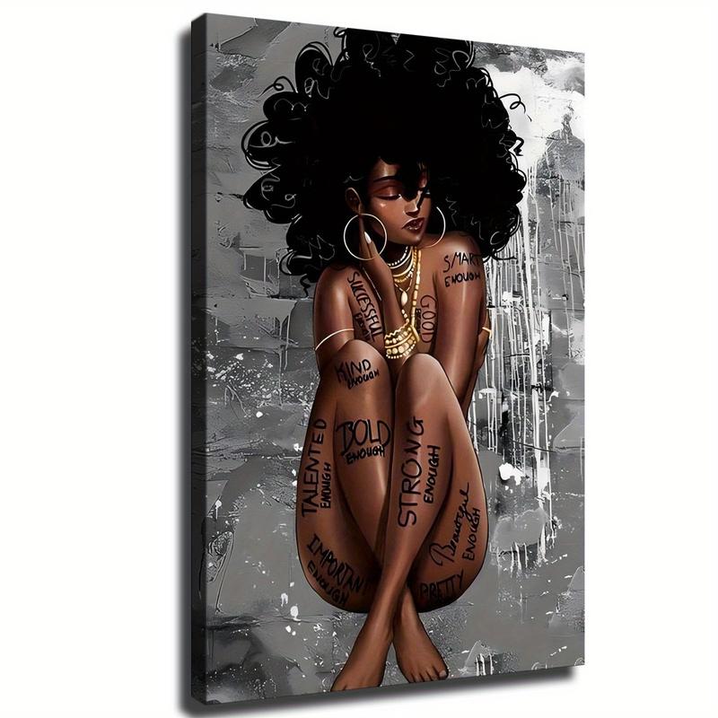 1 piece unique wood-framed canvas poster, Black Queen Poster African American Wall Art Black Girl Canvas Painting Black Woman Wall living Room decorative painting