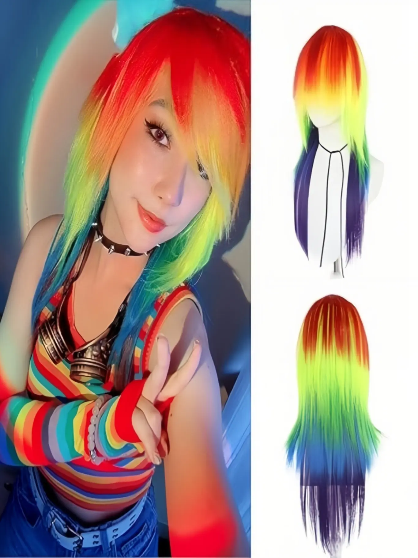 Rainbow Wig Scene Long Straight Colorful Synthetic Hair Pride Wigs Women Men Multi-Colored Wigs Anime Cosplay Halloween Costume Christmas Party Rainbow Outfit Mardi Gras Wig Fun Wig Synthetic Hairpieces