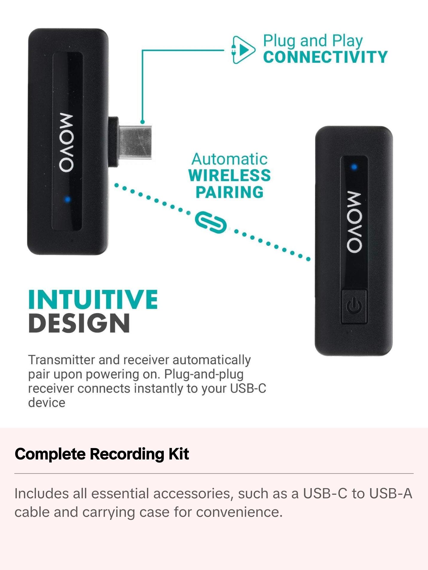 Movo Wireless Mini USB-C Microphone System | Pro Lapel Mic with Noise Cancellation, Long-Range for Android & USB-C Devices