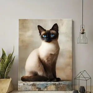 2D Flat A Wooden Frame Painting A Beautiful Siamese Cat with Blue Eyes Canvas Poster with Wooden Frame - Modern Art Deco Style Wall Decor, Waterproof, Easy to Hang, Suitable for Living Room, Bedroom, Home Office - Unique Gift Idea	