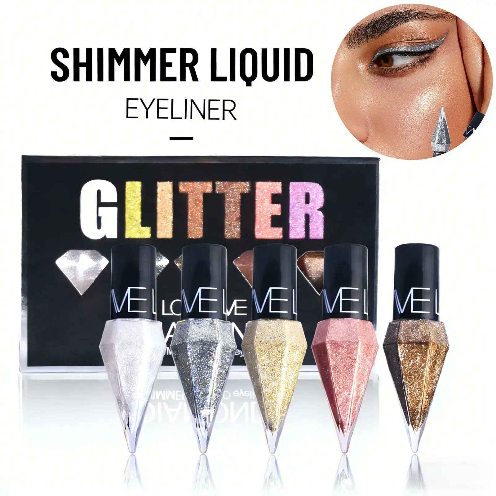 Glitter Liquid Eyeliner Set (5 Styles) - Waterproof, Long-Lasting, Smooth, Shiny, Sparkly Makeup with Gold, Silver, White, Diamond Metallic Shimmers, Ideal Gift for Eye Makeup Enthusiasts