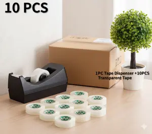 1PC Desktop Tape Dispenser + 10 Rolls Transparent Clear Tape Set — Non-Slip Weighted Base, Smooth Dispensing, 1 Inch Core, Ideal for Gift Wrapping, Office, School, Home & Crafts — Stationery Packaging Supplies