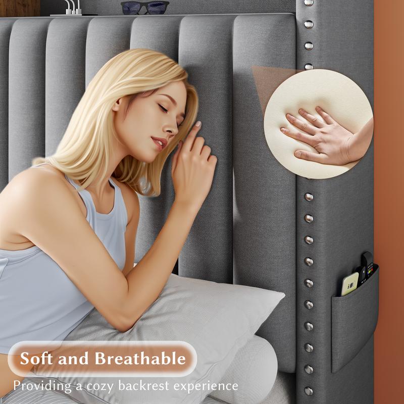 Raybe Furniture Upholstered Bed Frame with LED & Charging Station & 2 Drawers, MATTRESS NOT INCLUDED, Twin, Full, King, Queen Size Bed Frame with Headboard &Shelves, Holds 1000 LBS, No Noise