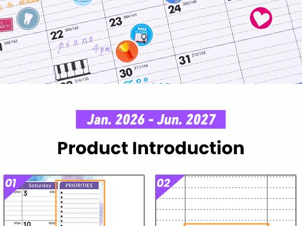 NiHome 2026-2027 Large Wall Calendar with DIY Stickers & Adhesive Hooks, 14.8"x11.5" 18-Monthly Wall Calendar Jan. 2026-Jun. 2027, Detailed Planning Sections, Thick Paper & Robust Metal Wire Binding