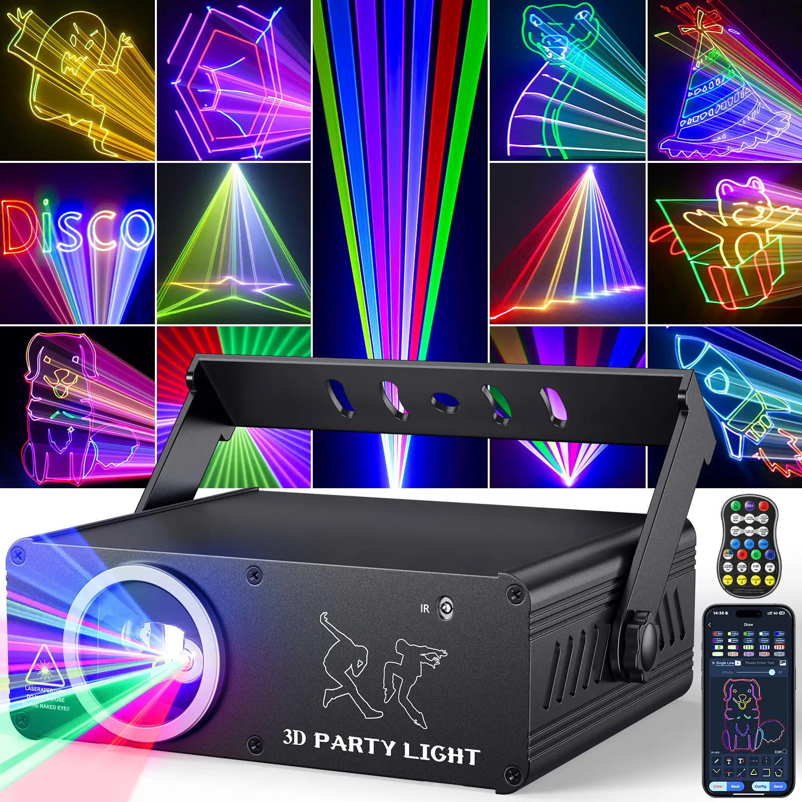 Professional APP-Controlled DJ Laser Projector Lights - 200+ Effects, 3D RGB Animation, Hand Drawing, Custom Design, Sound-Activated, DMX Sync, WiFi, Smart Remote, Android Compatible for Weddings, Stage (Both Indoor Outdoor), Remote Control