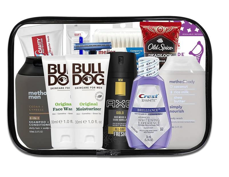 Mens Travel Toiletries Kit, Travel Bag of Hygiene Essentials for Bath, Shaving and Personal Care, 12 Mini TSA approved items in Reusable Zipper Bag, Valentine's Day, Travel, Business, Gifts & Charity