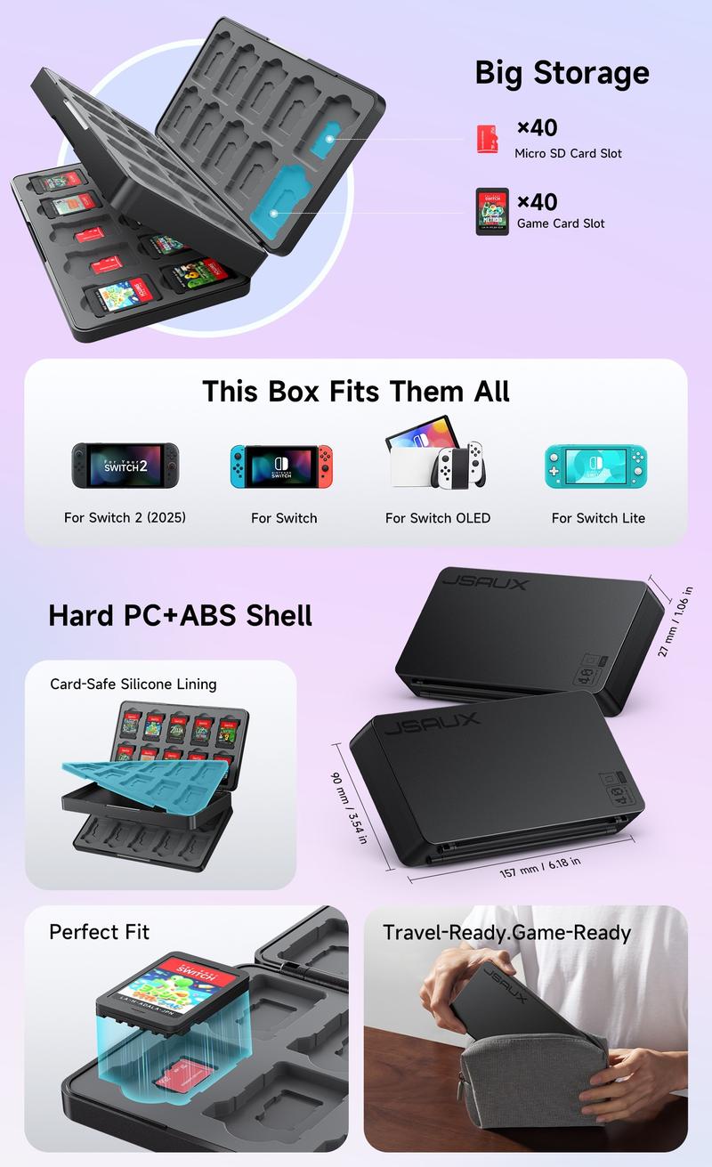 JSAUX Game Card Case for Nintendo Switch 2 (2025), Switch OLED & Lite, 40-Slot Hard Shell Storage Holder for 40 Game Cartridges & Micro SD Cards, Compact Travel Gaming Card Organizer Box - Black
