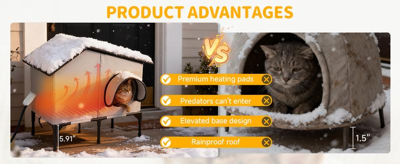 Heated Outdoor Cat House 100% Weatherproof Cat Shelter for Winter, Durable and Warm Cat Houses for Outdoor Cats, Ideal for Feral, Stray, and Barn Cats