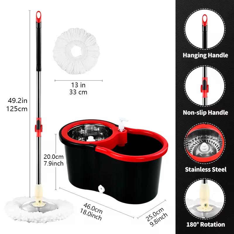 Spin Mop Bucket with Wringer Set Operable 360° Rotating Mop Bucket Set with 3 Microfiber Replacement Heads Stainless Steel 49 Inch Adjustable Handle Household Cleaning Tools Black Plastic