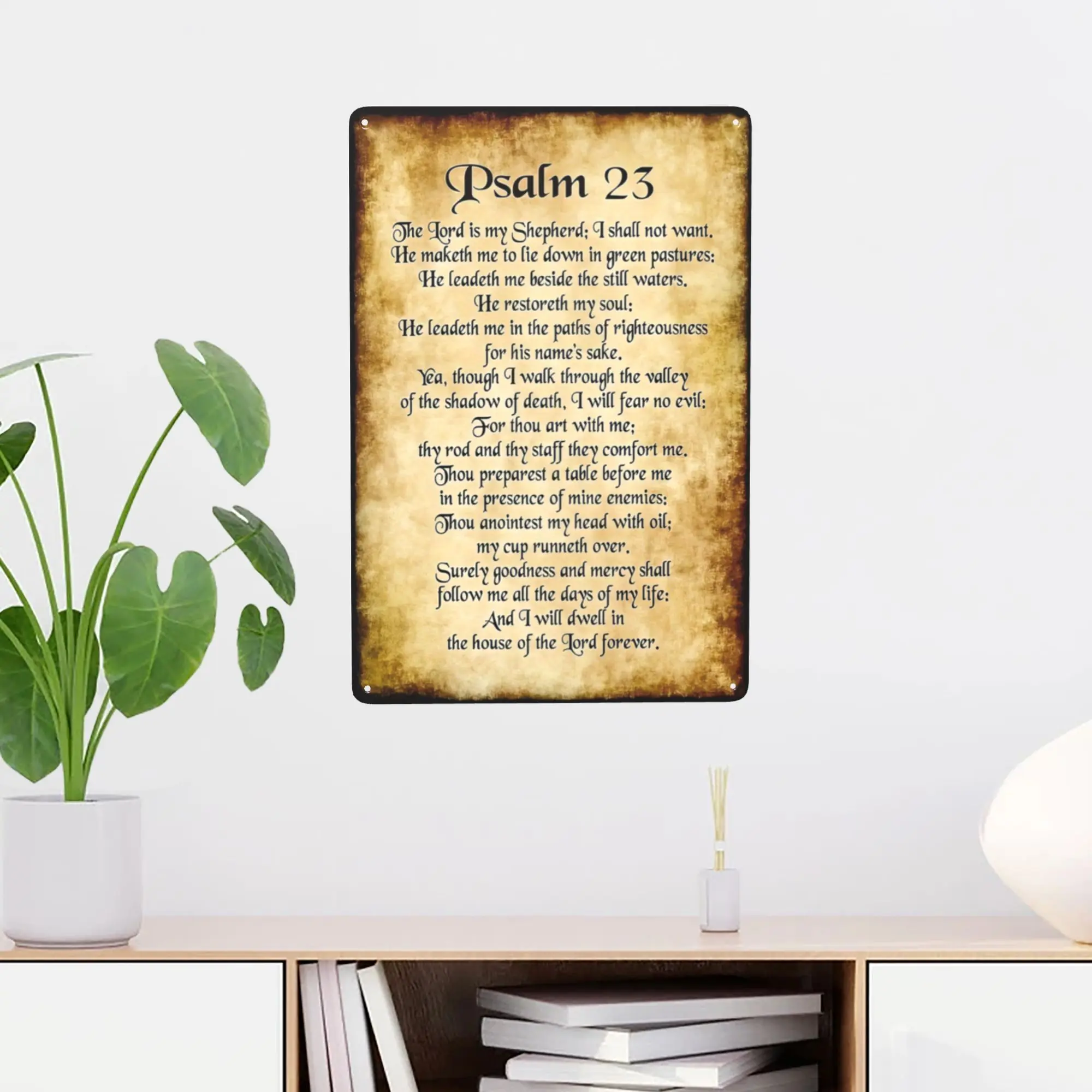 2D Flat Psalm 23 Metal Wall Art - 8x12" Rustic Aluminum Decor, Christian Scripture Verse Speciality Plaques & Signs with Sheep, Easy-Hang Home/Room Decoration for Church, King David Shepherd Poem Gift