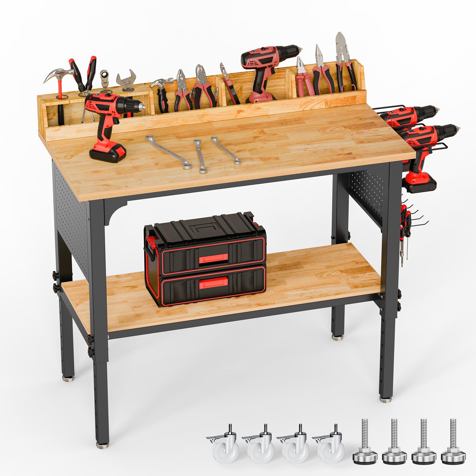 48'' Workbench Adjustable Height with Storage, Heavy Duty 2200 LBS Load Capacity Work Table with Pegboard, Power Outlet and Wheels, Work Bench for Workshop, Garage, Office, Commercial, Home