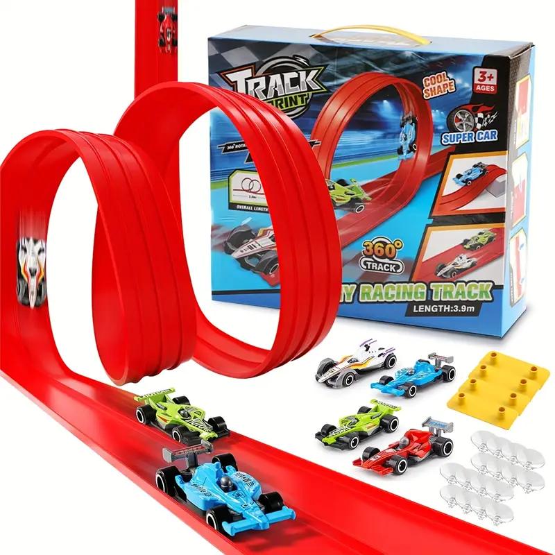 Flexible Race Car Track set - 15ft roll-Up Track with 4 Mini Cars & Suction Cups | Compitable with Hot Wheels & Diecasr Vehicles , Portable Indoor Racing Toy for Kids