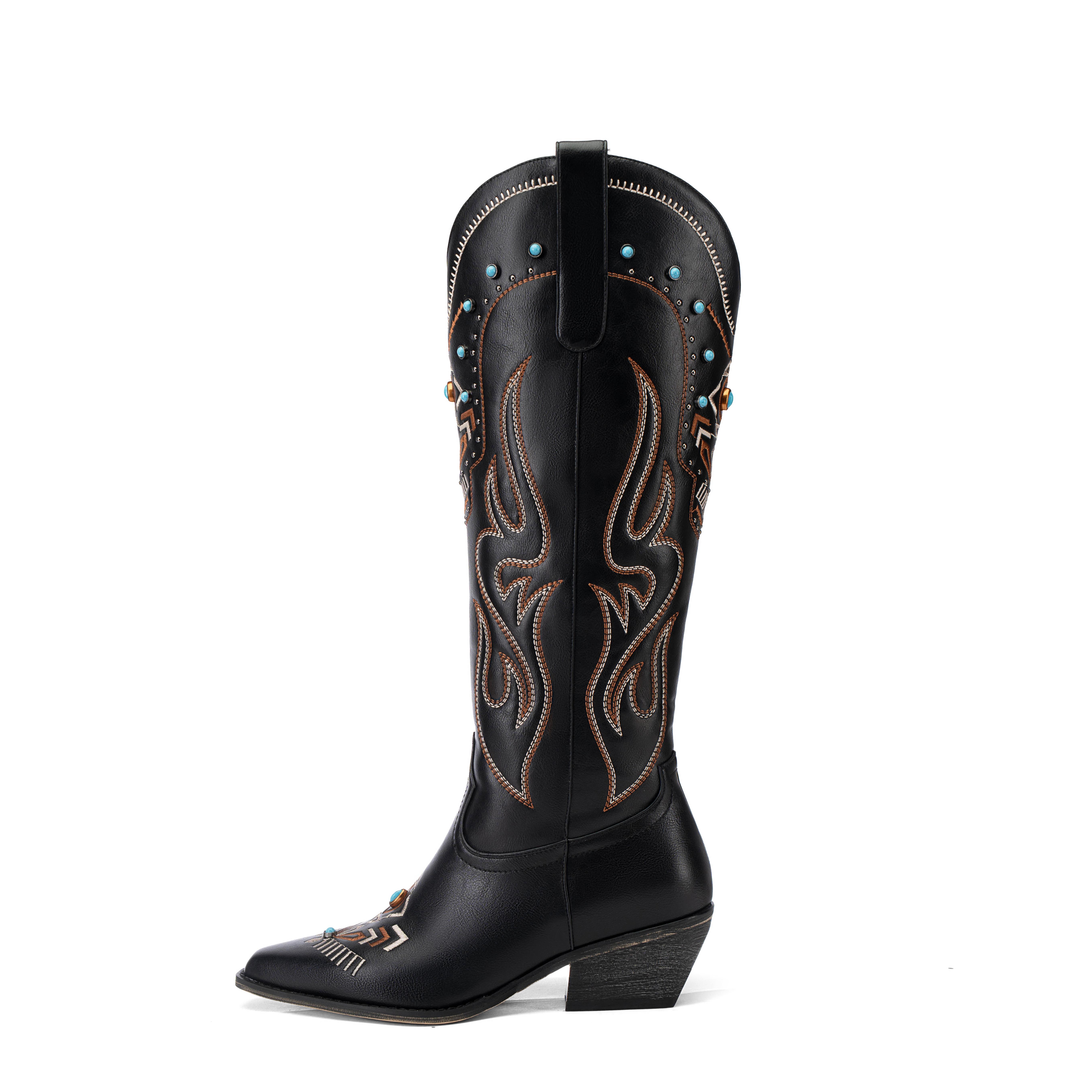 ReneChristine Women's Embroidery Western Cowboy Boots with Studs & Emerald Gemstones, Knee High Wide Calf Cowgirl Boots for Gatherings Weekend Hangouts Black Leather fur boots knee high boots boots for fall thigh high boots brown boots cowgirl boots Sprin