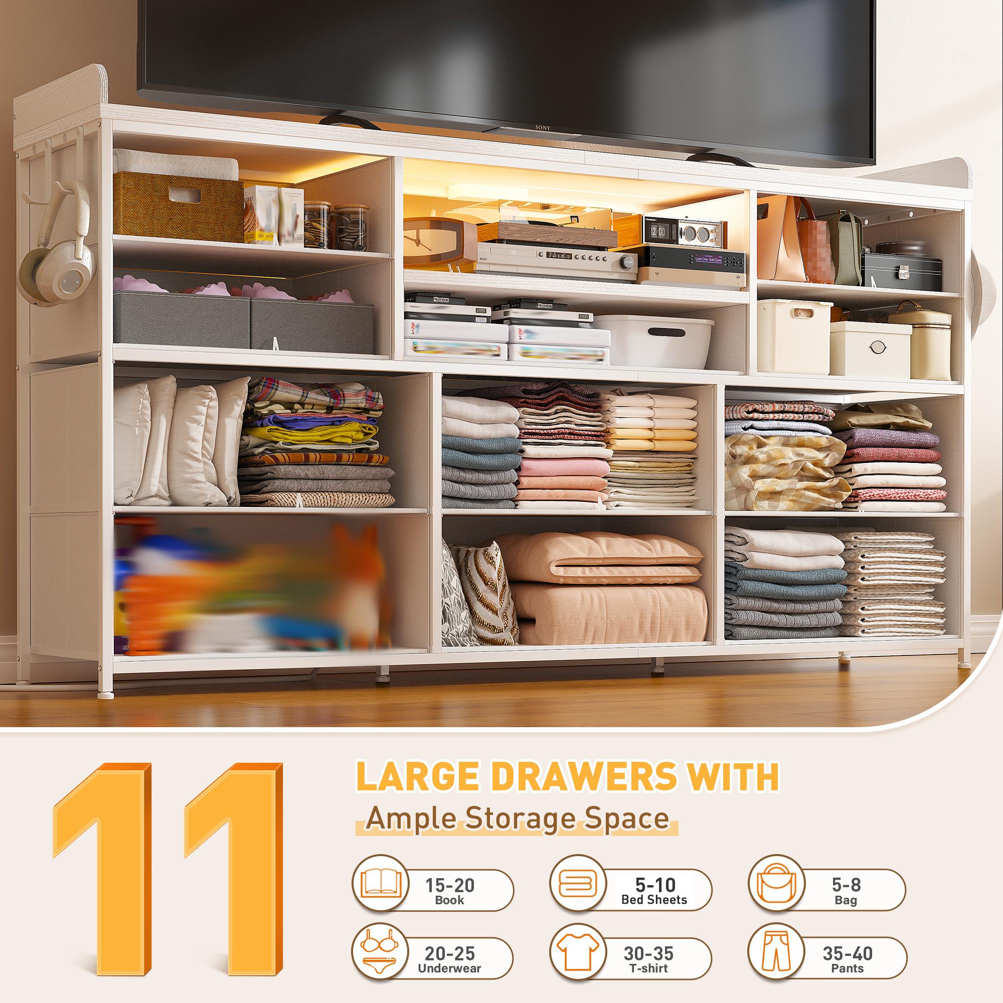 【LaborDaySale】Raybee 11 Drawers Dresser for Bedroom 31'' Height,Sturdy TV Stand with LED & power outlets & 4 hooks Drawerorganizer,Chest of Drawers,Storage Bin Cabinet Furniture