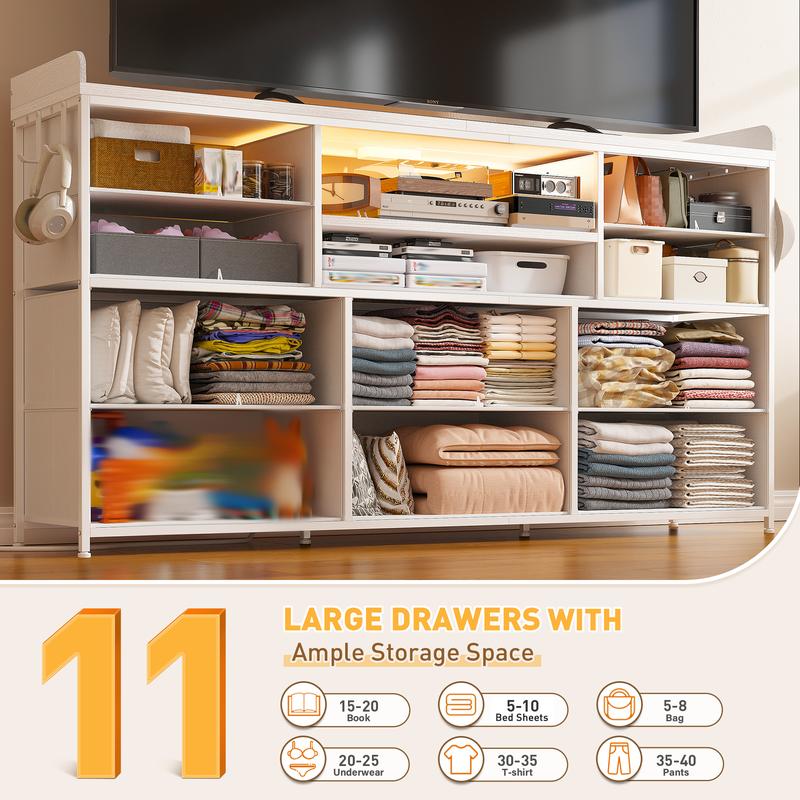 【LaborDaySale】Raybee 11 Drawers Dresser for Bedroom 31'' Height,Sturdy TV Stand with LED & power outlets & 4 hooks Drawerorganizer,Chest of Drawers,Storage Bin Cabinet Furniture