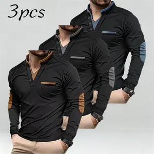 3-piece set - men's versatile brown collar shirt with elbow details, faux two-piece design, layered knit classic golf shirt, stylish sports jacket, business casual party vacation travel men's top, polo shirt