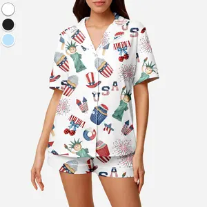 Patriotic USA Pajama Set – 4th of July Satin Sleepwear for Women, Statue of Liberty & Fireworks Print Nightwear, America Pride pajamas Gift