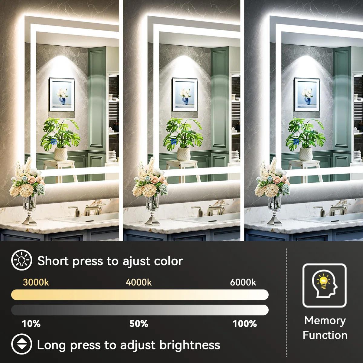 GLITGATE Bathroom Mirrors For Over Sink, Bathroom Vanity Mirror with LED Lights, Dimmable LED Bathroom Mirror with Edge Grinding, Double Touch Control, 3-Color Options, Anti-Fog, Memory, Wall Mounted (Horizontal/Vertical)