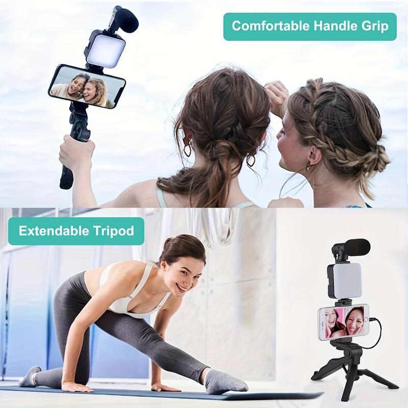 Portable foldable live streaming stand, portable tripod selfie stick with LED lights and microphone, Black phone holder, Selfie accessory