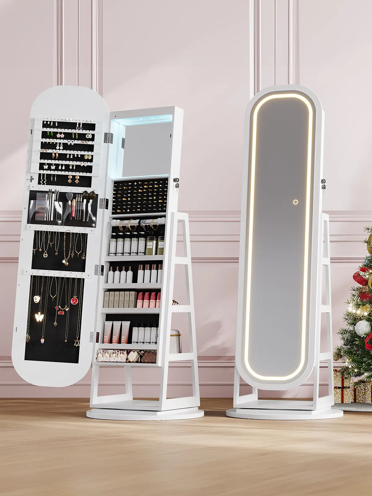 【Full-Length LED Mirror】ONBRILL Gorgeous Lockable 360° Swivel Jewelry Cabinet w/ Light,Jewelry Organizer Armoire Standing w/ Interior Mirror&Storage Shelve for Cloakroom LivingRoom Bedroom Furniture【BackToSchool】