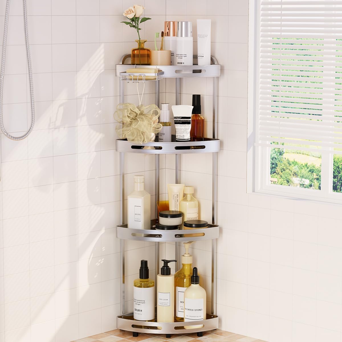 Corner Shower Caddy, 4 Tier Standing Shower Organizer with Soap Holder, Rustproof Stand Shower Shelves for Bathroom Shampoo Storage, Silver japanese  soaker  tub