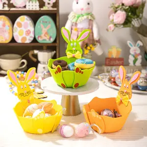 2/3-piece new Easter plush bunny ear storage basket set, cartoon rabbit round candy bowl, Easter party decoration and storage, soft and durable felt, 3D rabbit top decoration, bright yellow bow