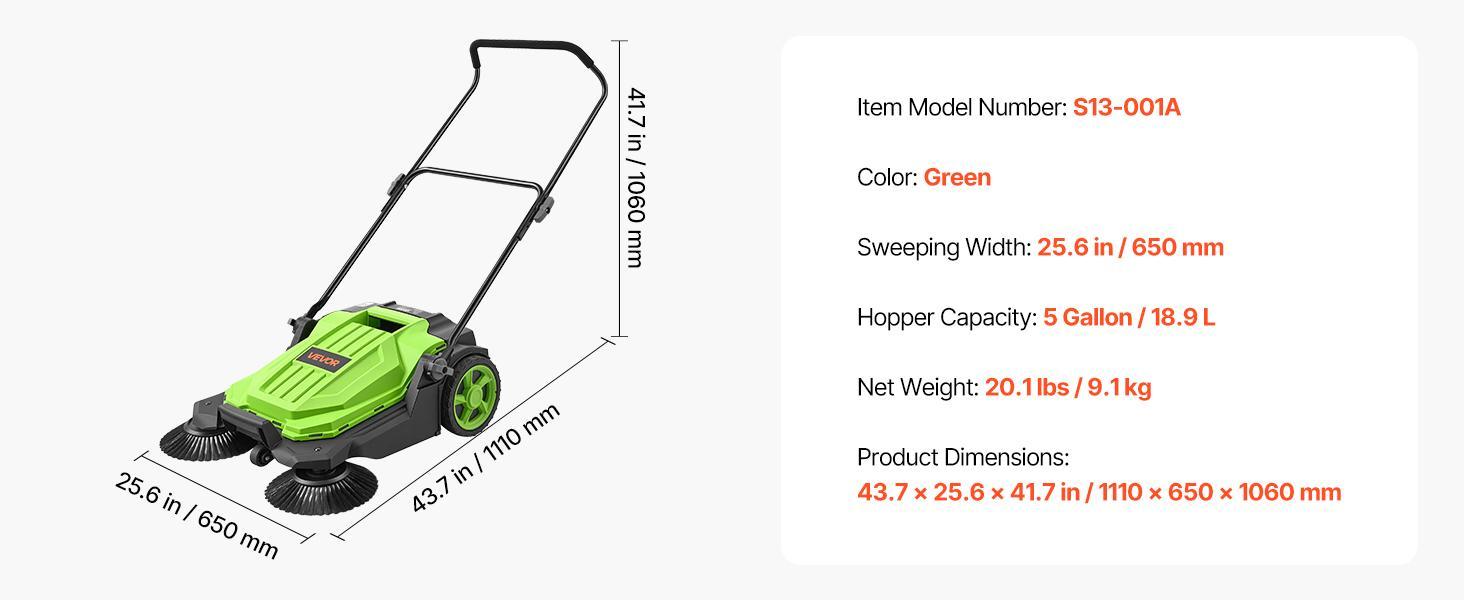VEVOR Walk-Behind Hand Push Floor Sweeper, Manual Floor Sweeper Non-Electric with 25.6" Sweeping Width, 5 Gallons Waste Container & Adjustable Folding Handle for Yards Walkways Patios Garages - Green