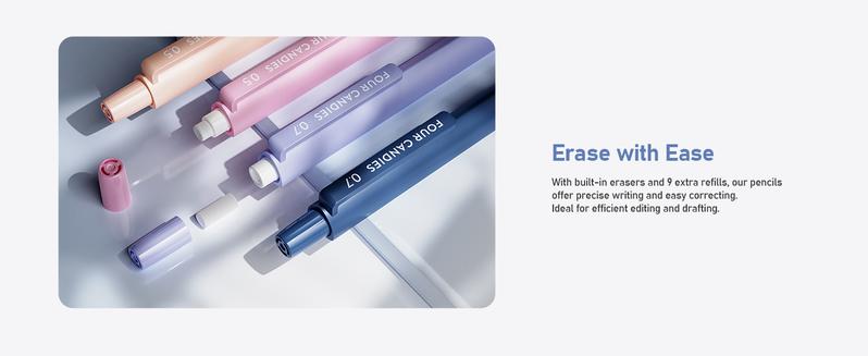 Four Candies Mechanical Pencil Set, with 0.5 & 0.7mm Lead Refills (HB & 2B), Pastel Erasers & Eraser Refills, 29-Count Pack with Case, Cute Aesthetic School Supplies for Writing, Drawing, Sketching