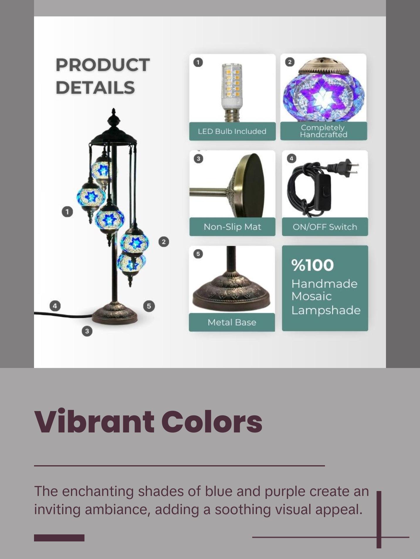 Majestic Blue Turkish Floor Lamp with 5 Mosaic Globes