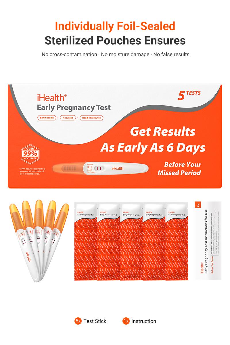 iHealth Early Detection Pregnancy Test, 99% Accurate Home HCG Test Kit, results 6 days before missed period (5 days pre-expected period) with High-Sensitivity 10mIU/mL, Easy Dip & Read Clear Results