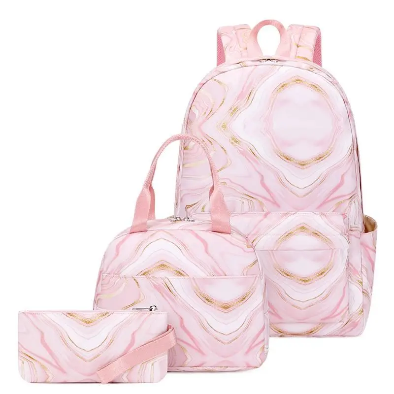 2026 New Three-Piece Backpack Set with Marble Pattern Print, Water-Resistant Backpack for Middle School Students