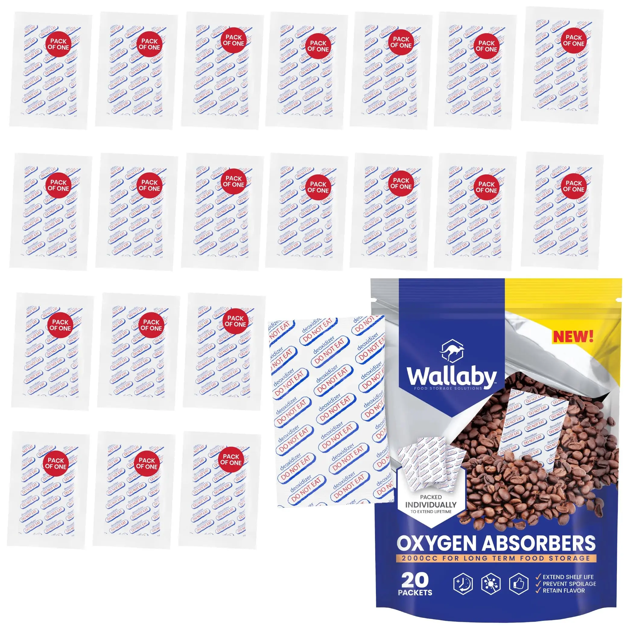 Wallaby 2000cc Oxygen Absorber Packets (20 Count) - FDA Food Grade Safe, Individually Packaged for 5 Gal Airtight Containers, Mylar Packaged Storage Bags, Dehydrated Foods Long-Term Storage, 5 Gallon