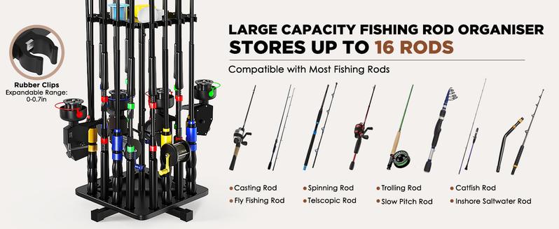 Carbon Steel 360° Rotating Fishing Rod Holder for Garage Holds 16 Rods Easy Install Space Saving Sturdy Rack Organizer for Men Black Bracket Shelf