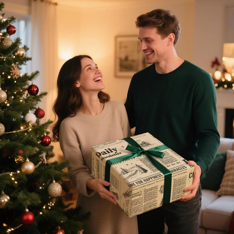 RUSPEPA Vintage Newspaper Christmas Wrapping Paper Roll Mini 17x16.4 Ft with Tree & Festive Design Kraft Gift Wrap for Holiday Party