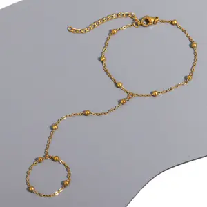 Stainless Steel Round Beaded Chain Connected Ring Bracelet - 8" (Silver, Gold)