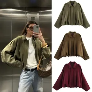 ETJ 2026  Spring new women's suede texture effect Loose version of fashion lapel shoulder bomber jacket
