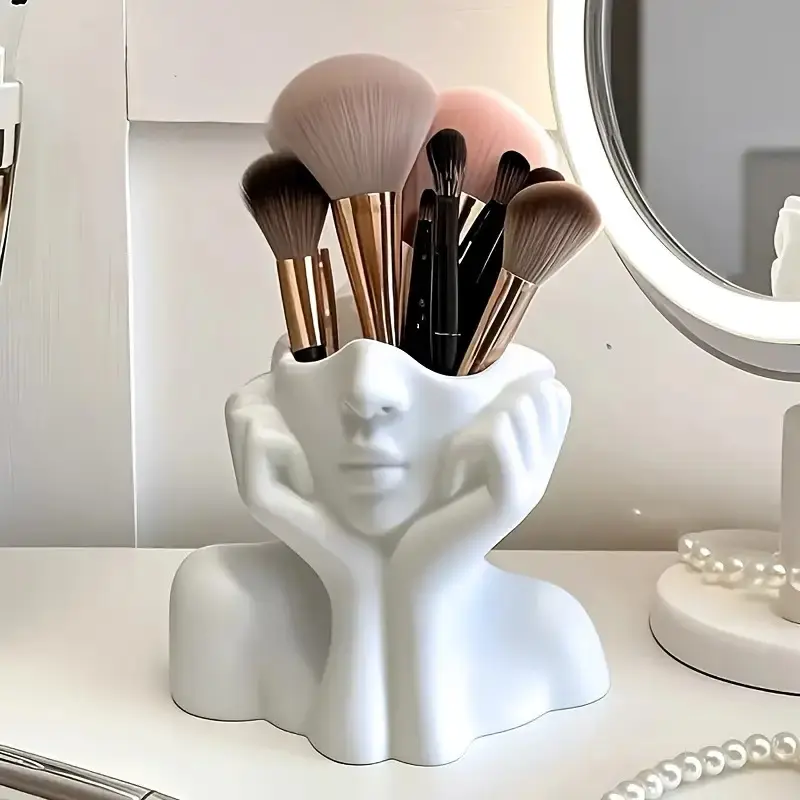 White Non-Woven Face-Shaped Makeup Brush Holder Box - Compact Multi-Use Container Desktop Cosmetic Organiser with Eyebrow Pencil Slots, Portable, No Assembly Needed for Desk/Bathroom, Boxes, Compact Multi-Use Cosmetic Organisers