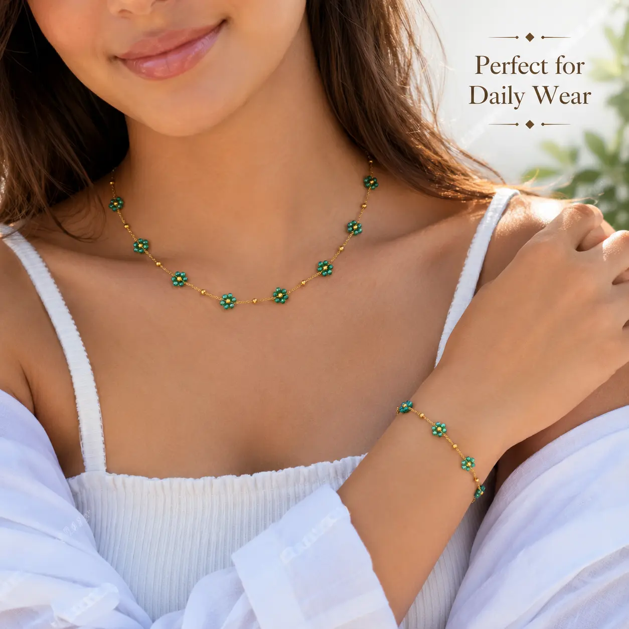 Elegant Jewelry Set with Green Crystal Flower Accents for Women, Gold-Tone 40 + 5 cm Necklace and Bracelet for Daily Wear, Feminine, Necklace 40 + 5 Cm, Bracelet 17 + 5 Cm