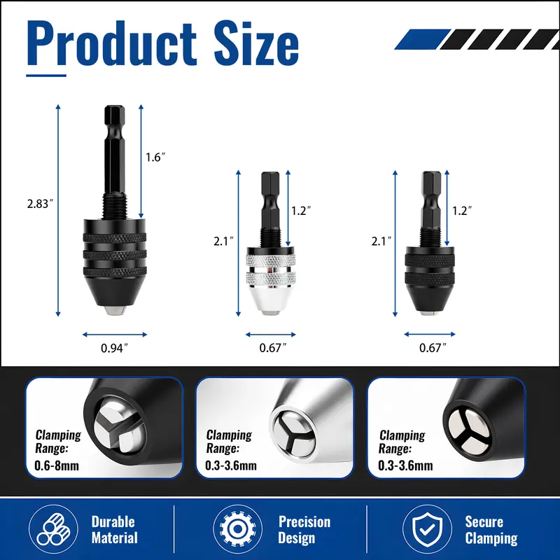 GJANSH 2Pcs Keyless Drill Chuck Adapter Set, 1/4" Hex Shank Quick Change (0.3-8mm) – Fits Impact Drill & Power Tools, Carbon Steel, for Milwaukee, DeWalt, Makita (2-Piece)