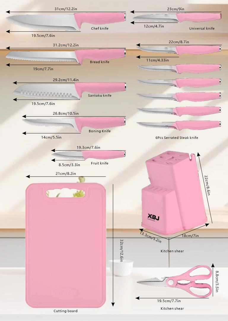 XBJ Knife Set, 15-piece kitchen knife set, built-in sharpener, high-carbon stainless steel blades, sharp and rust-resistant, includes a built-in sharpener and kitchen scissors, dishwasher safe, black.