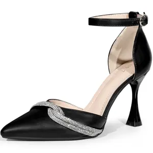 BLISSFUL STEP Pointed Toe Wedding Shoes Rhinestone Bow Ankle Strap Stiletto Heels Pumps for Women